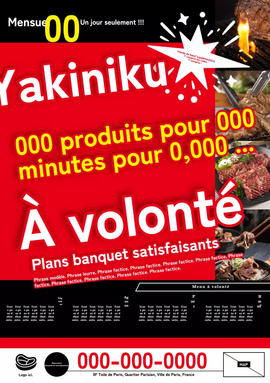 Publicité rouge et noire pour un plan de banquet de viande grillée à volonté dans le style Don Quichotte.
