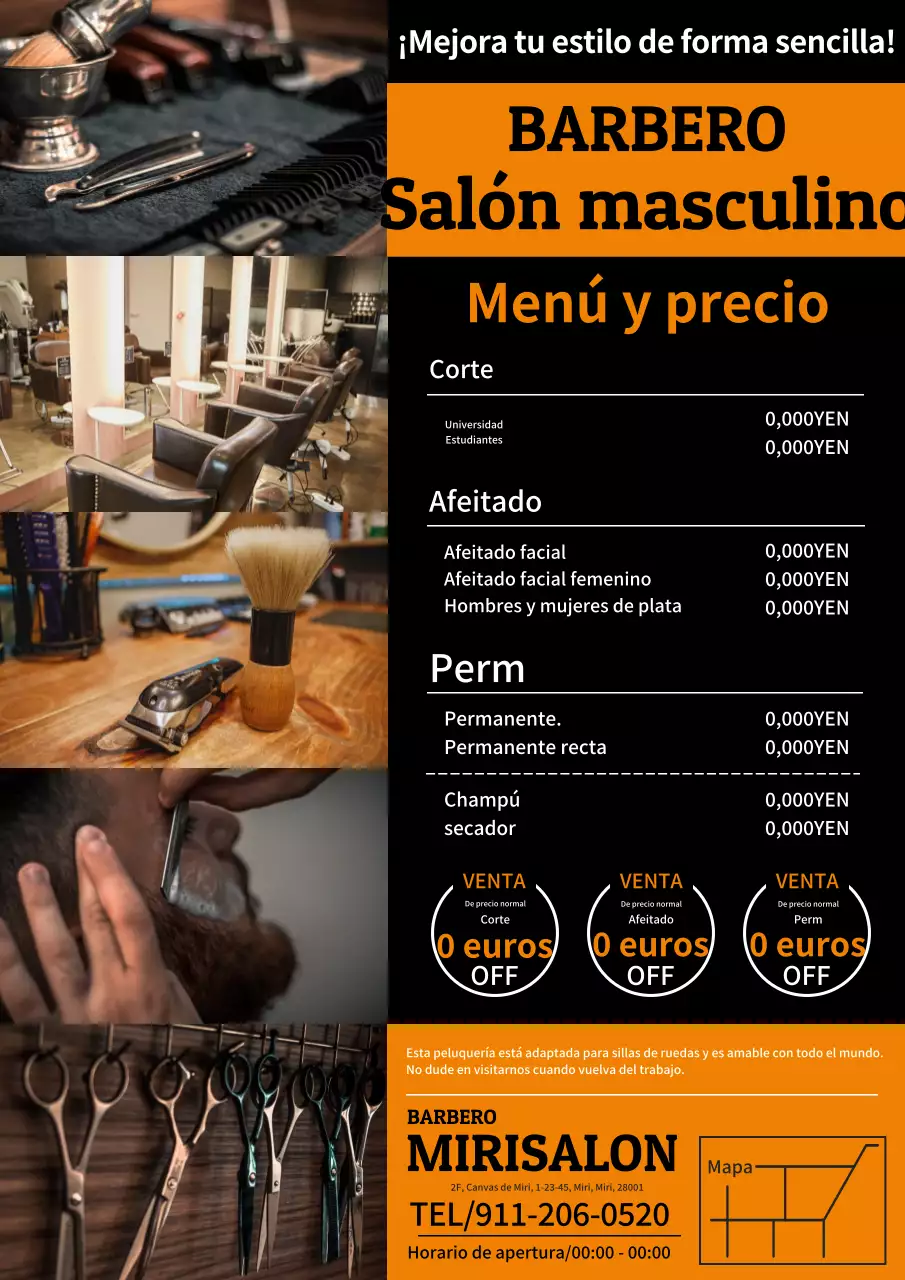 Un anuncio sencillo y moderno para una barbería masculina en naranja y negro.