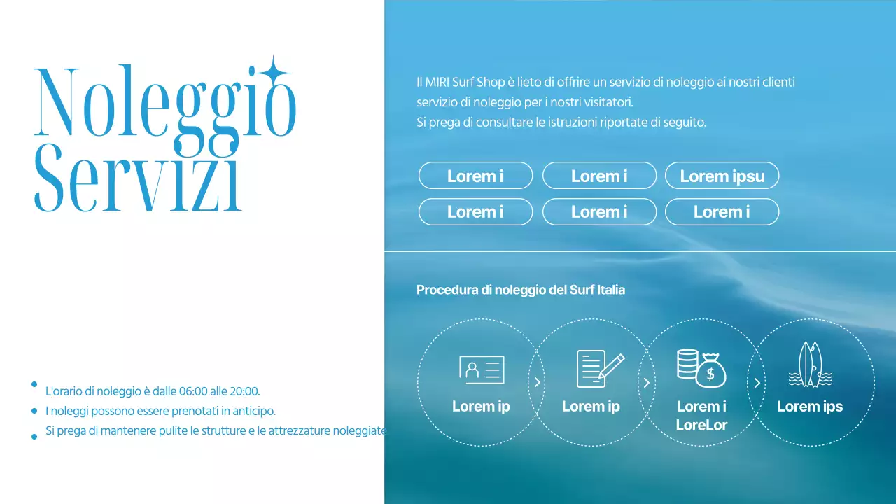 Annuncio per un negozio di surf alla moda in azzurro