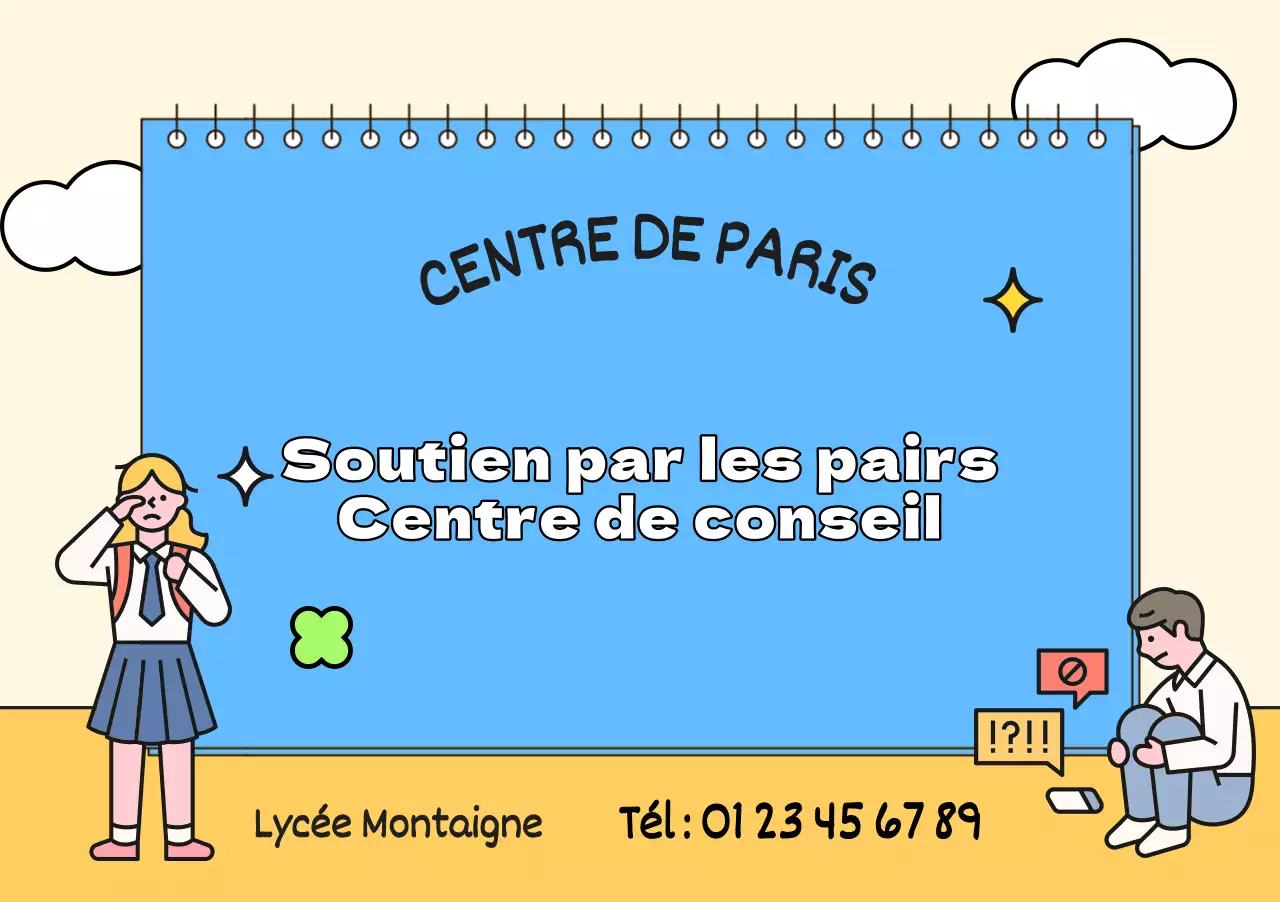 Pour la promotion d'un centre de conseil avec des illustrations bleues et jaunes d'étudiants