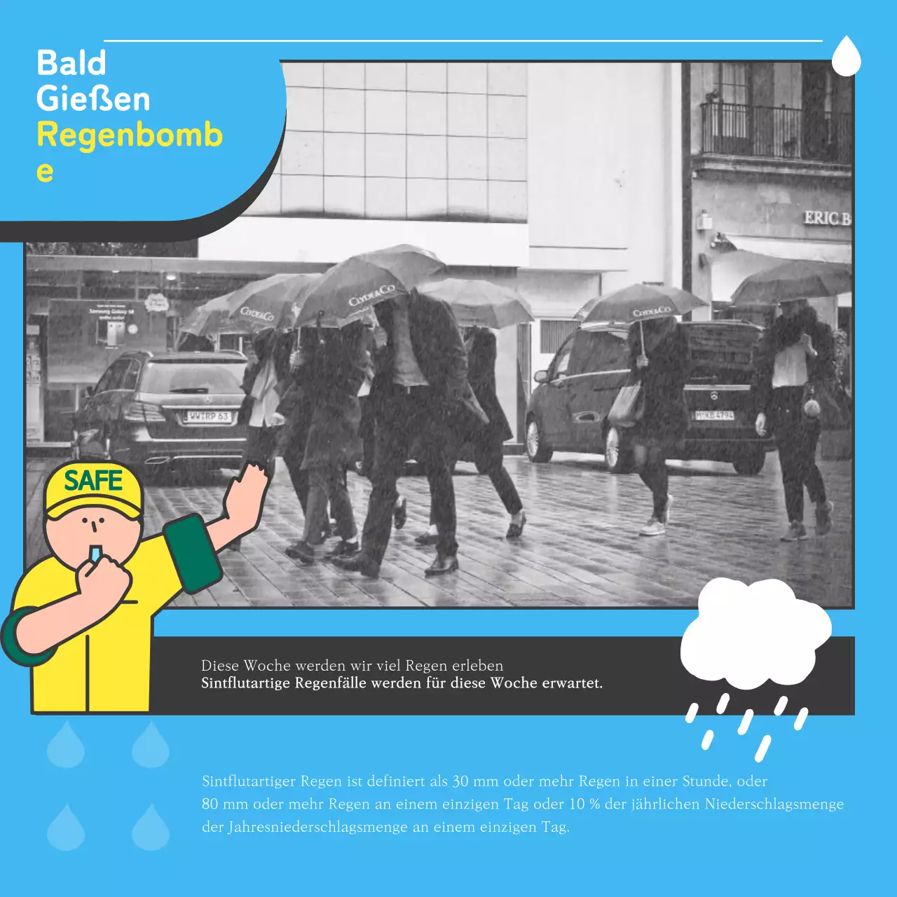 Ein schwarz-blauer Sicherheitsratgeber für die Regenzeit in Pop-Art-Optik