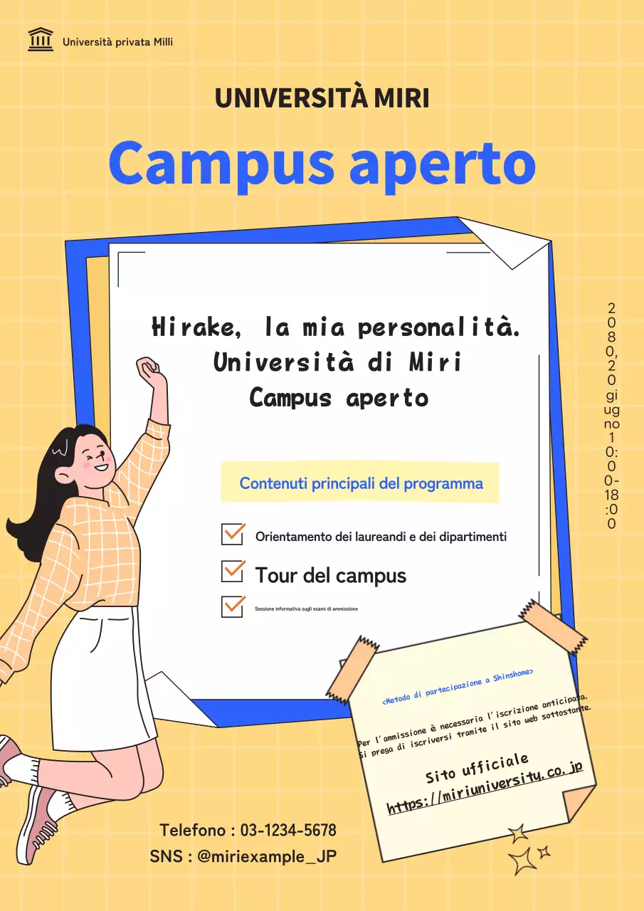 Promuovere l'ospitalità di un campus universitario aperto in giallo e blu retrò