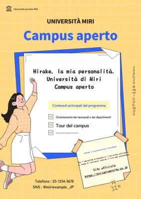 Promuovere l'ospitalità di un campus universitario aperto in giallo e blu retrò