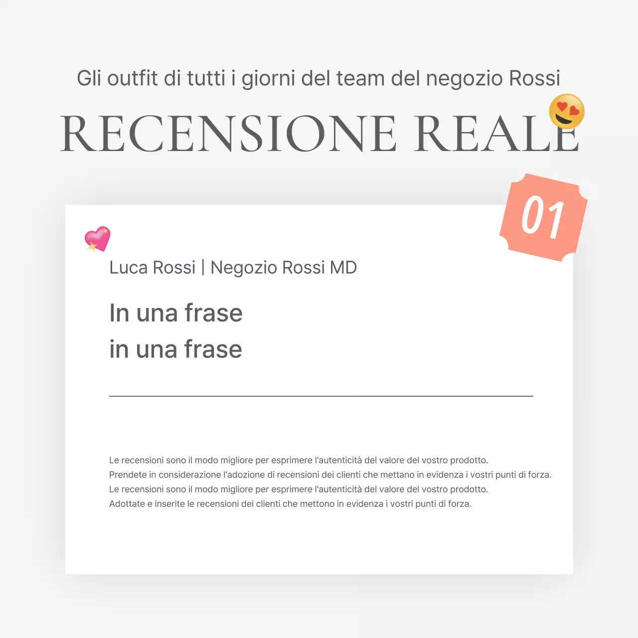 Una recensione o una pubblicità per un negozio di moda con un semplice stile emoji bianco e grigio.
