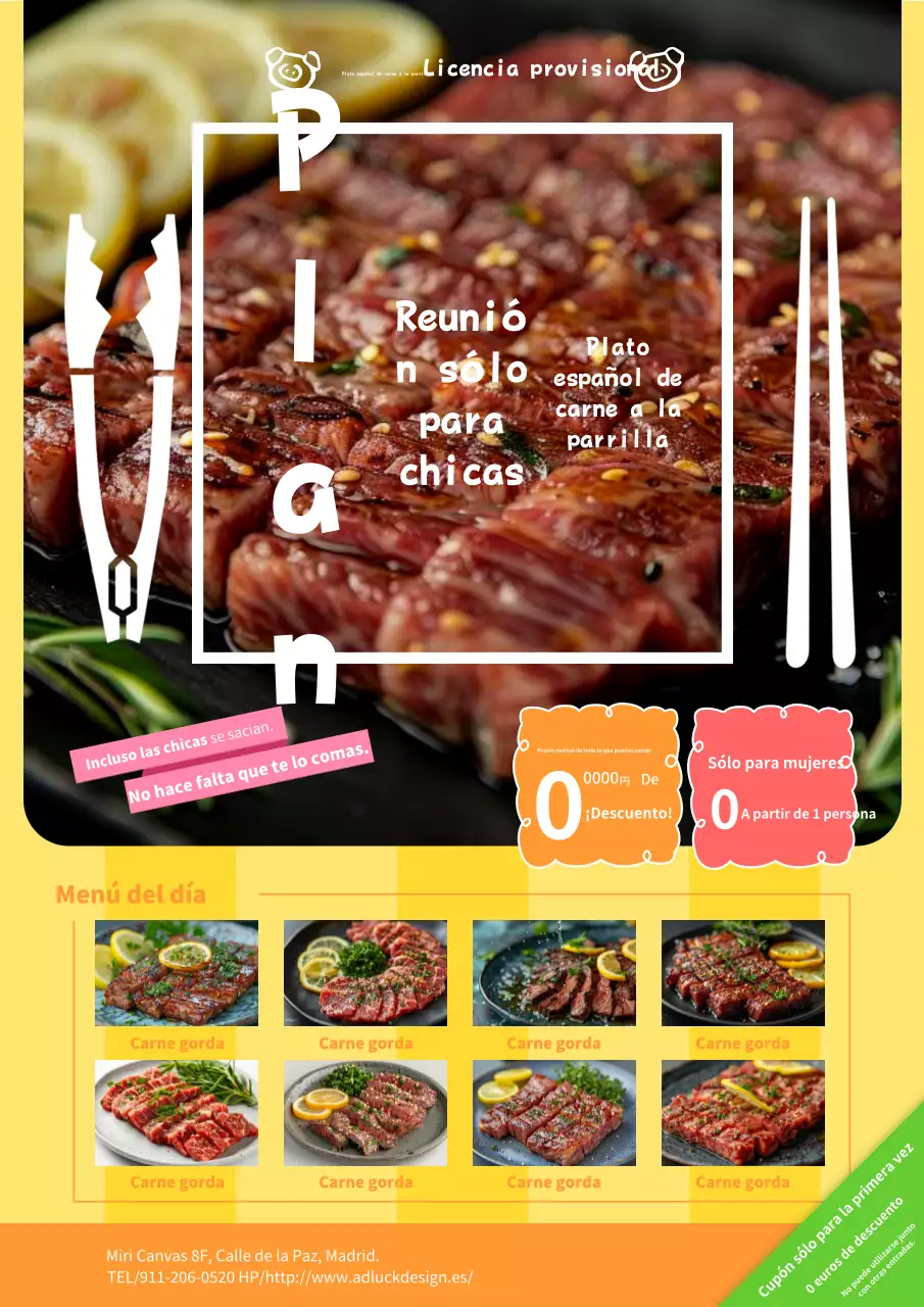 Un bonito y sencillo anuncio amarillo de un plan para una noche de chicas en una carnicería.