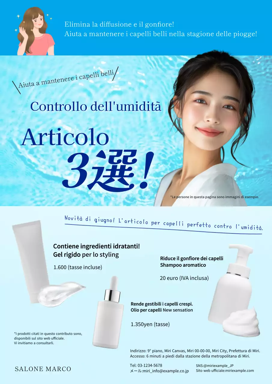 Volantino moderno per la cura dei capelli nella stagione delle piogge in bianco e blu