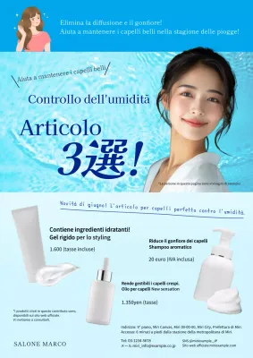 Volantino moderno per la cura dei capelli nella stagione delle piogge in bianco e blu