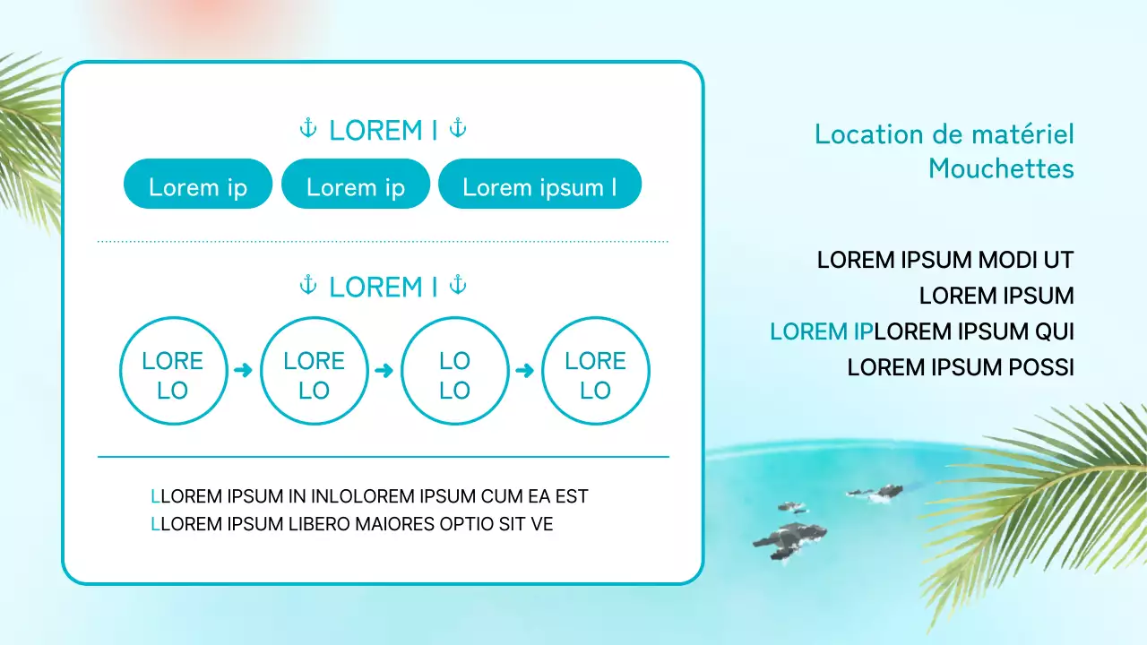 Annonce pour le placement d'un magasin de surf à l'ambiance tropicale dans les tons menthe et bleu