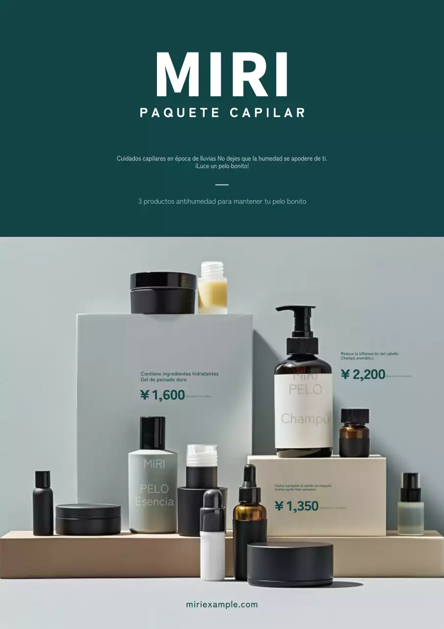 Simples anuncios en color caqui de productos para el cuidado del cabello durante la temporada de lluvias.