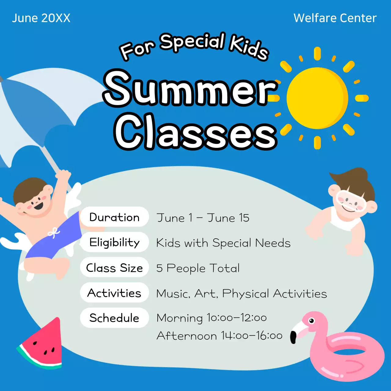Blue Playful Summer Classes Announcement Social Media Post