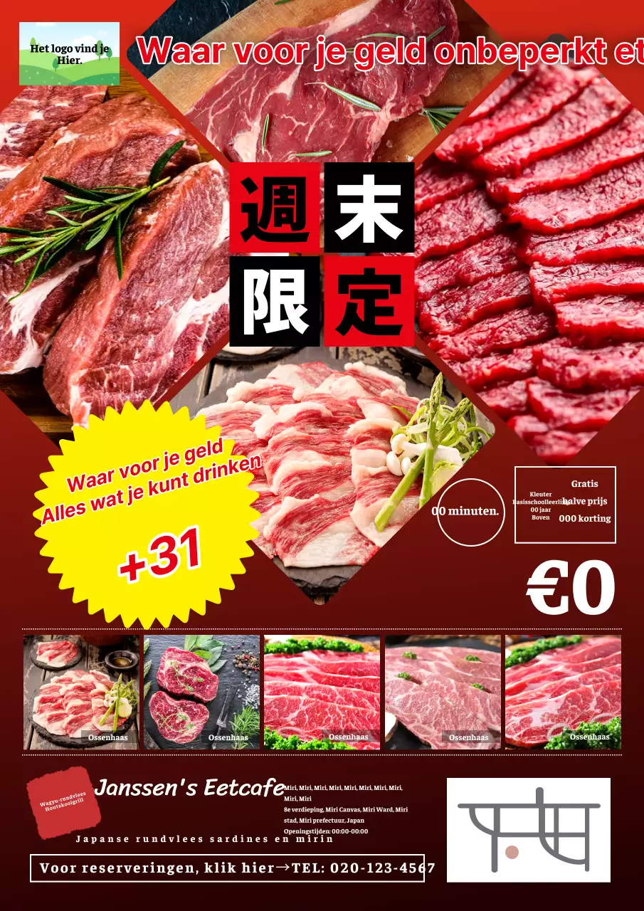 Eenvoudige slager prijs en all-you-can-eat advertentie in rood