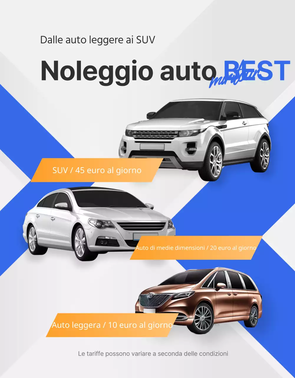 Semplice annuncio di noleggio auto di un'agenzia di viaggi in blu e arancione