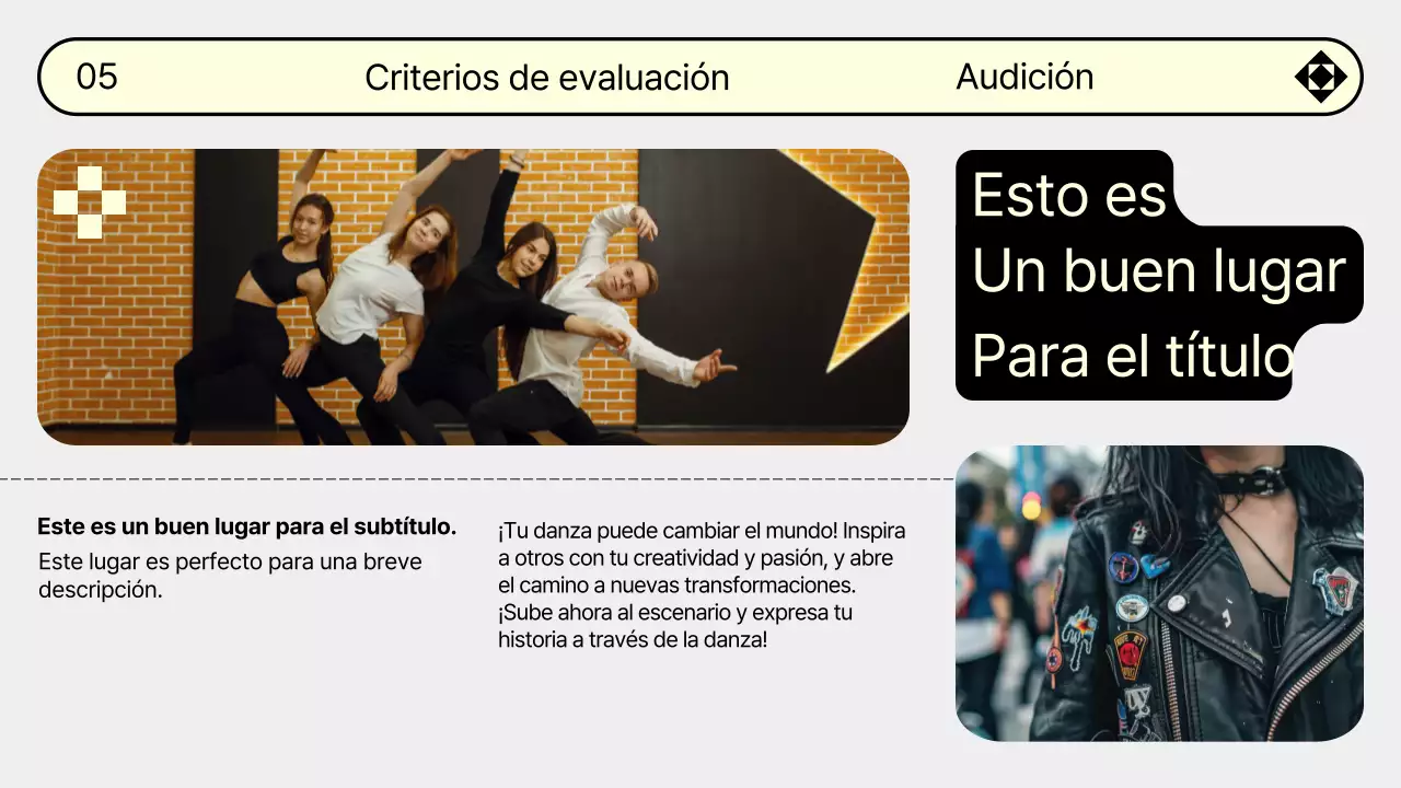 Promociona tu audición de baile con la moderna combinación de colores gris y amarillo