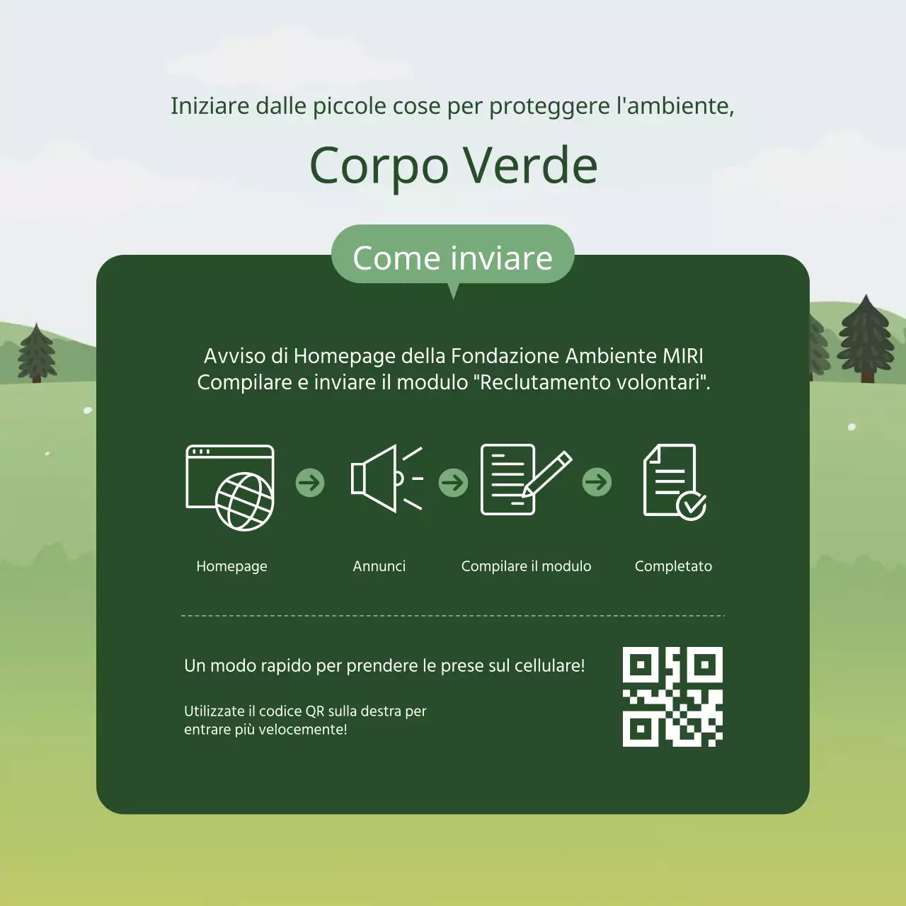 Una semplice descrizione verde e bianca per il reclutamento di studenti universitari volontari