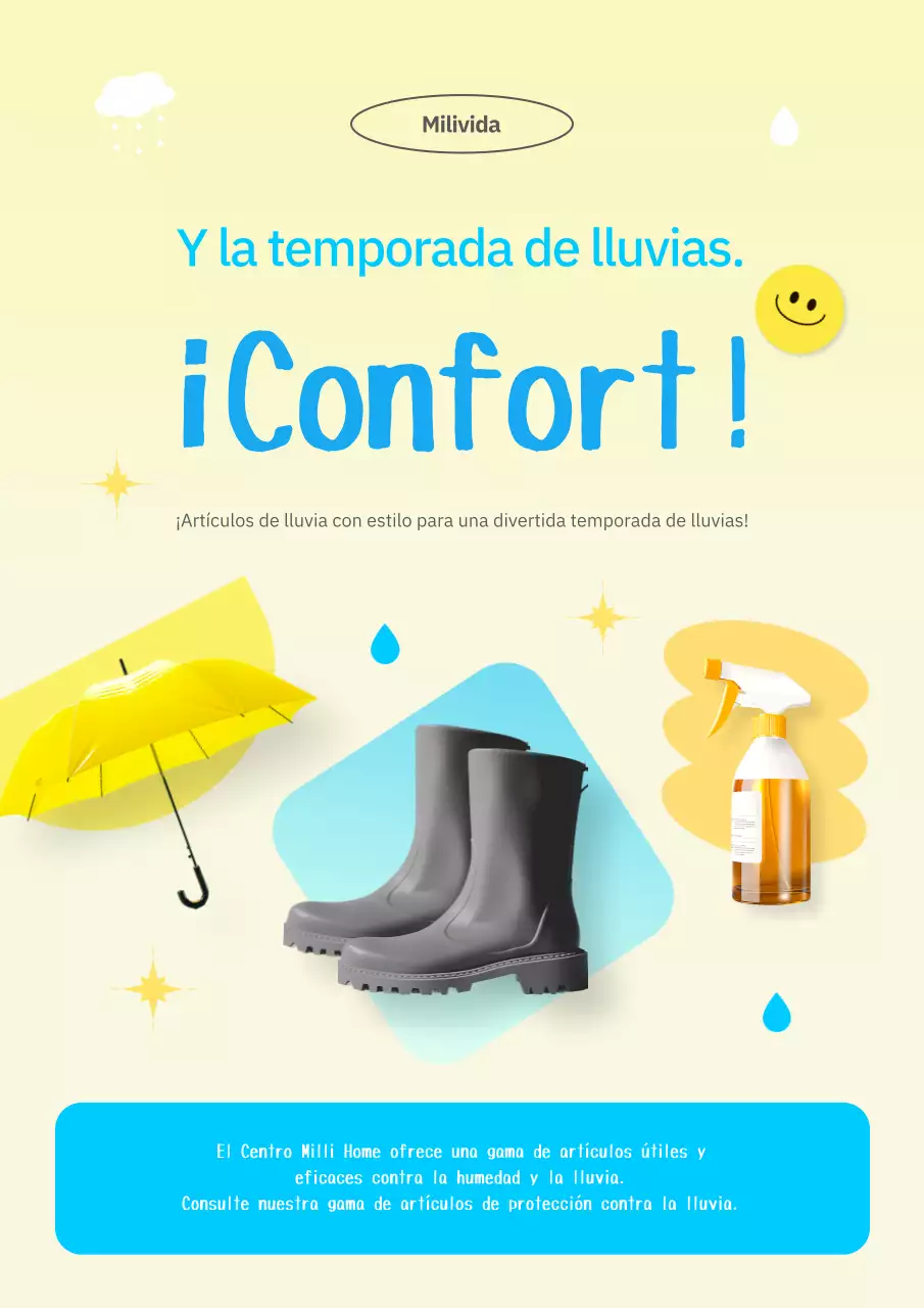Publicidad de bonitos artículos amarillos y celestes para la temporada de lluvias.