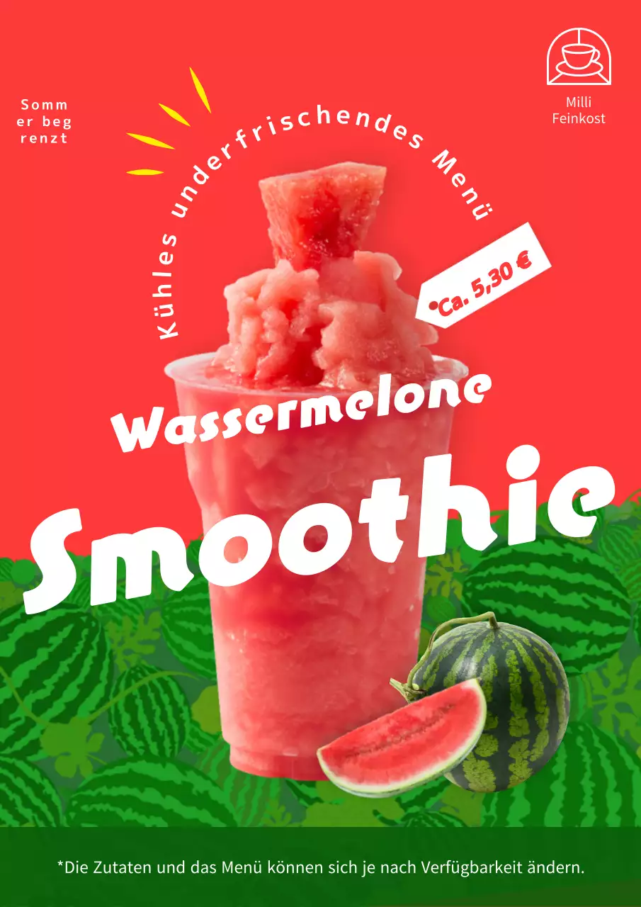 Rot-grüne tropische Sommergetränke der Saison mit Wassermelone werben für neues Menüangebot