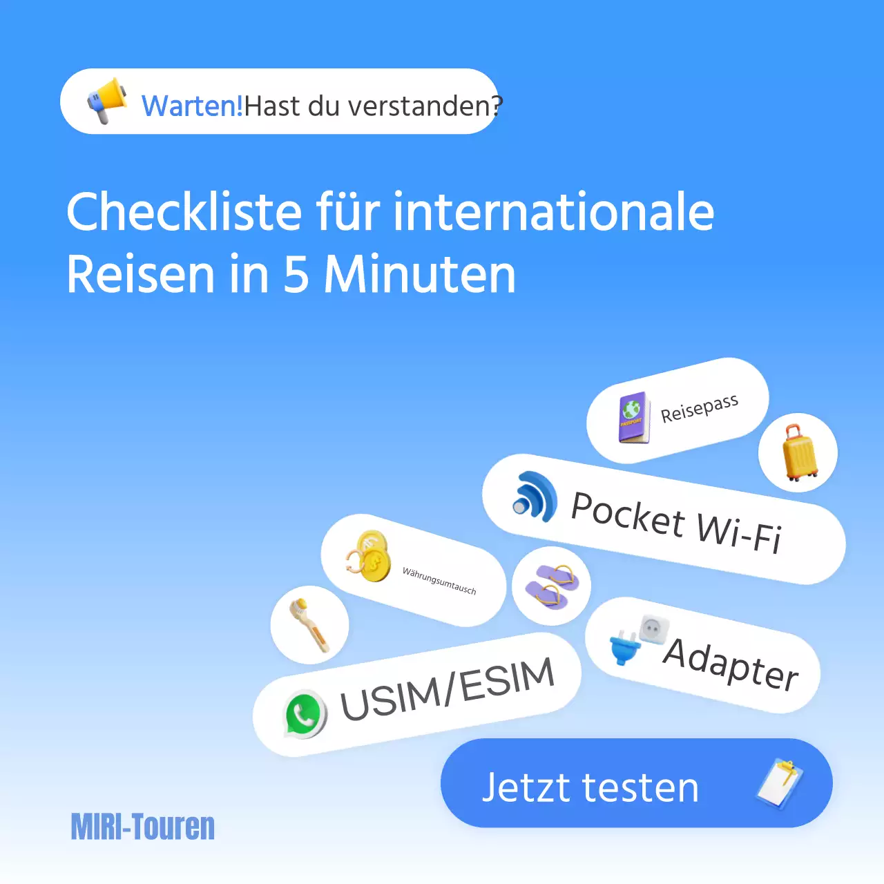 Eine blau-weiße, trendige Checkliste für Auslandsreisen