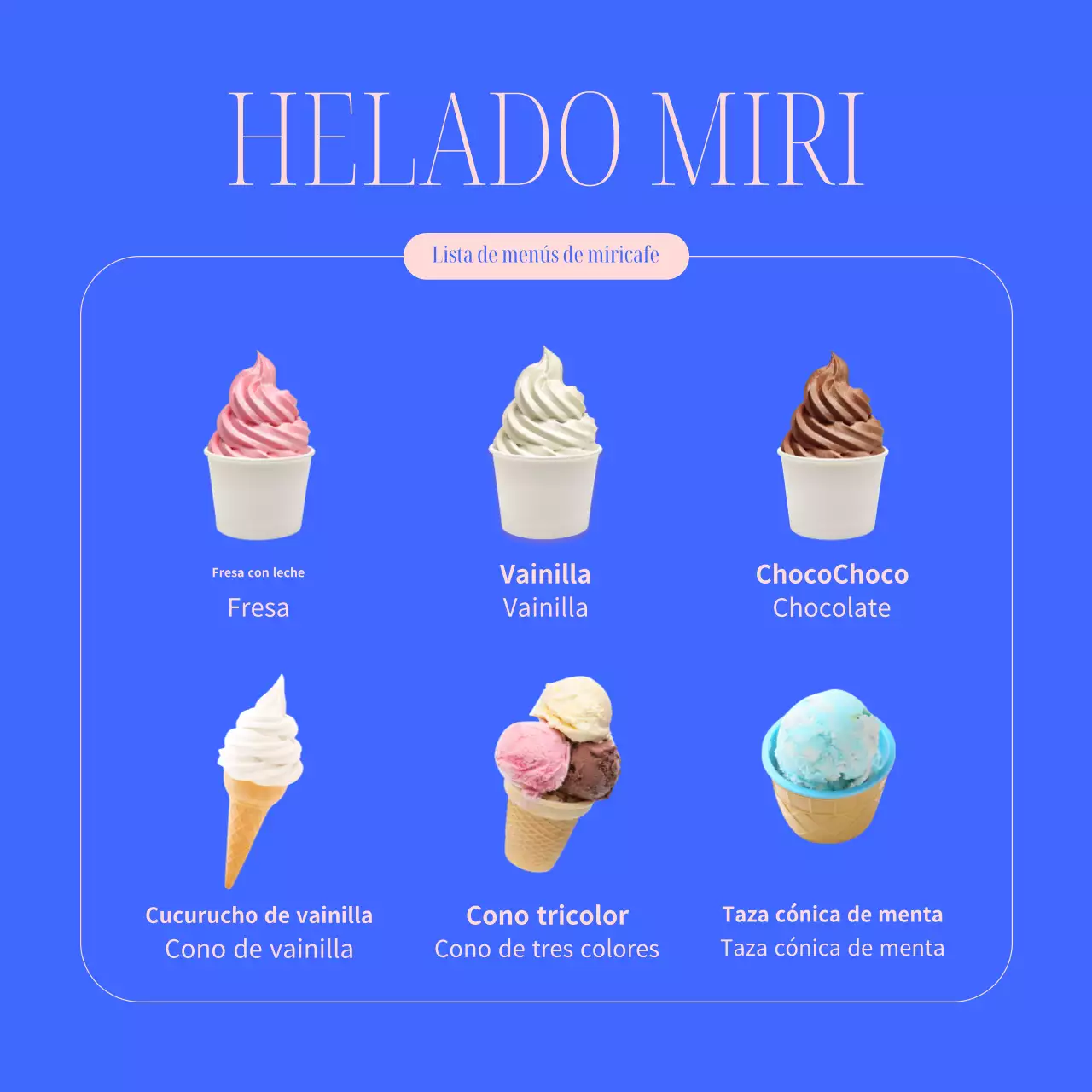 Anuncio de lanzamiento de una sencilla carta de postres de verano en azul y rosa