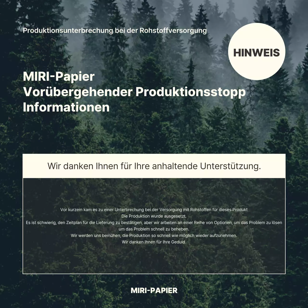 Mitteilung über die Einstellung der Produktion von natürlich aussehenden Rohstoffen in Grün und Elfenbein