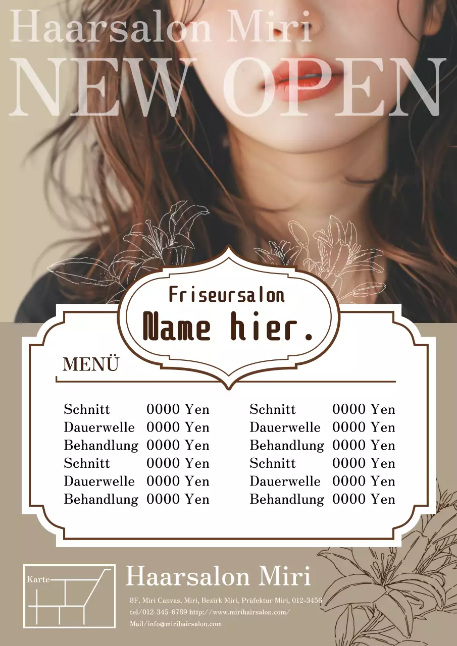 Eine moderne und stilvolle Anzeige für einen Friseursalon in Braun- und Elfenbeinfarben.