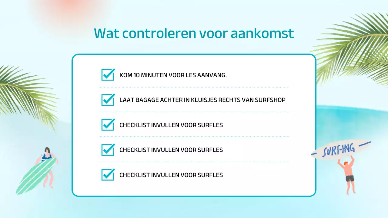 Aankondiging voor de plaatsing van een surfshop met een tropische uitstraling in mint en blauw