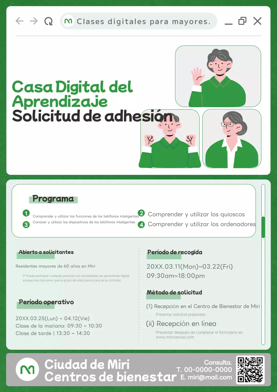 Promover un aula digital de aprendizaje para mayores con ilustraciones de mayores vestidas de verde.