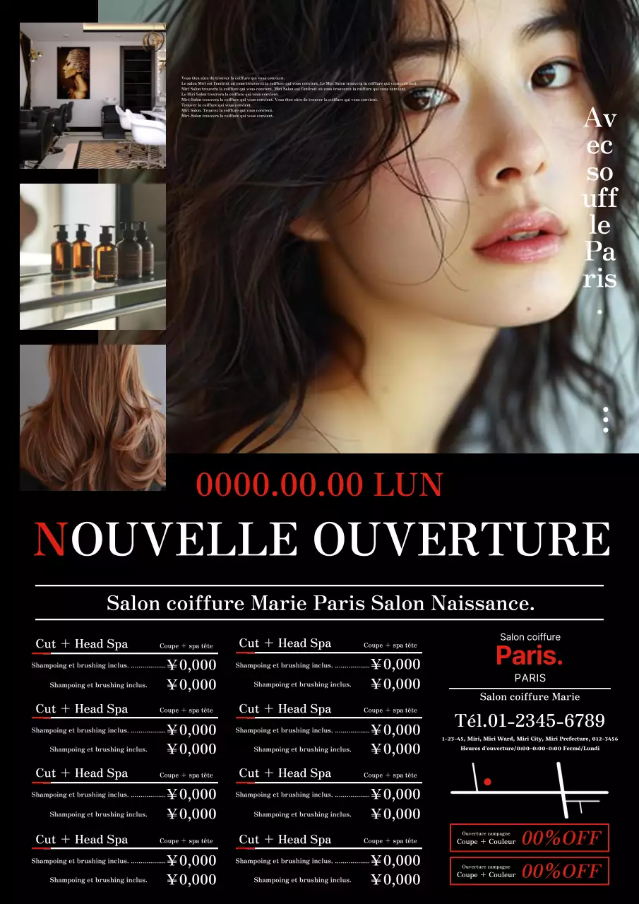 Publicité pour un salon de coiffure moderne et épuré en rouge et noir