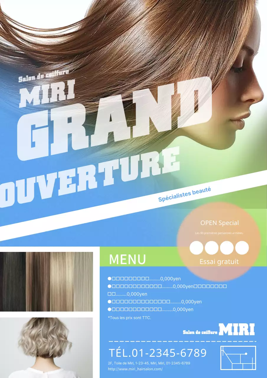 Une publicité pour un salon de coiffure moderne, pop et contemporain dans une palette de couleurs bleues et vertes.