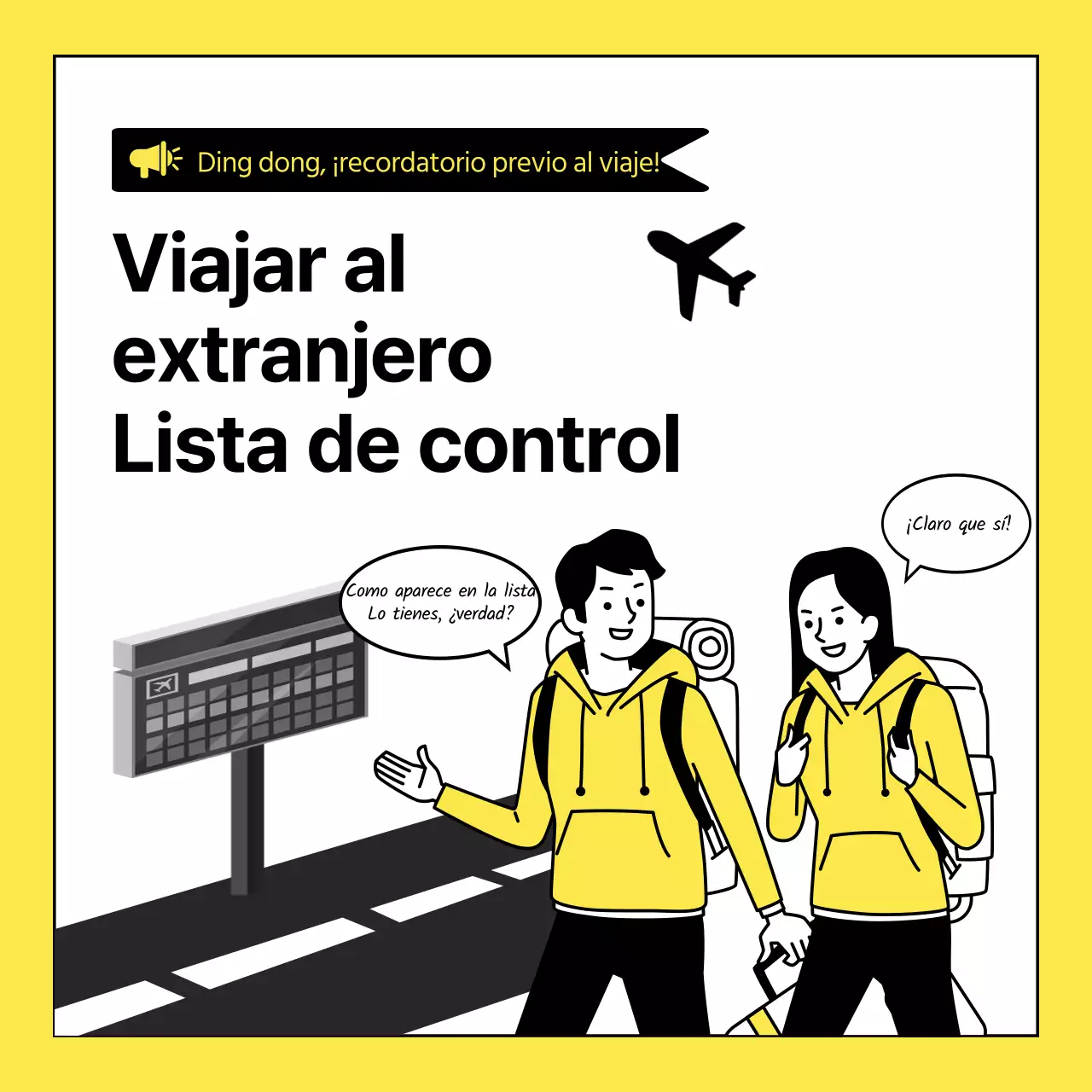 Sobre la sencilla lista de comprobación amarilla y negra para el equipaje internacional