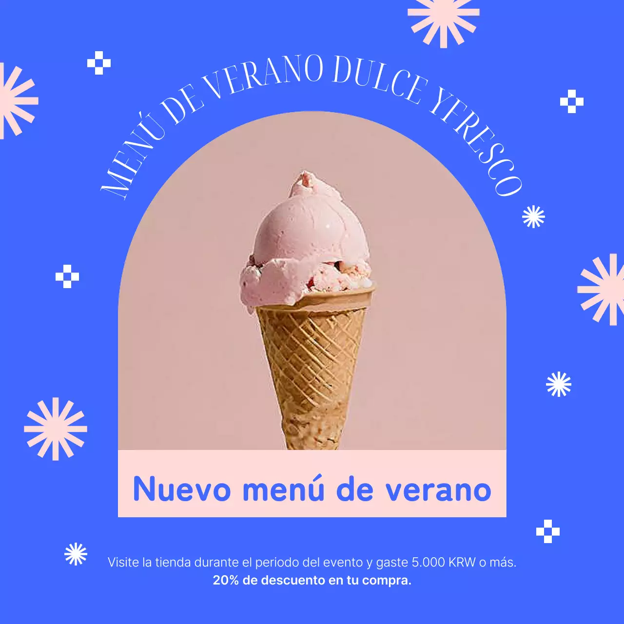 Anuncio de lanzamiento de una sencilla carta de postres de verano en azul y rosa