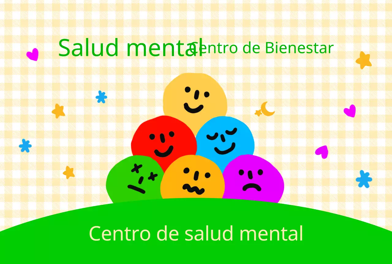 Un simpático centro de salud mental y bienestar con coloridas expresiones faciales