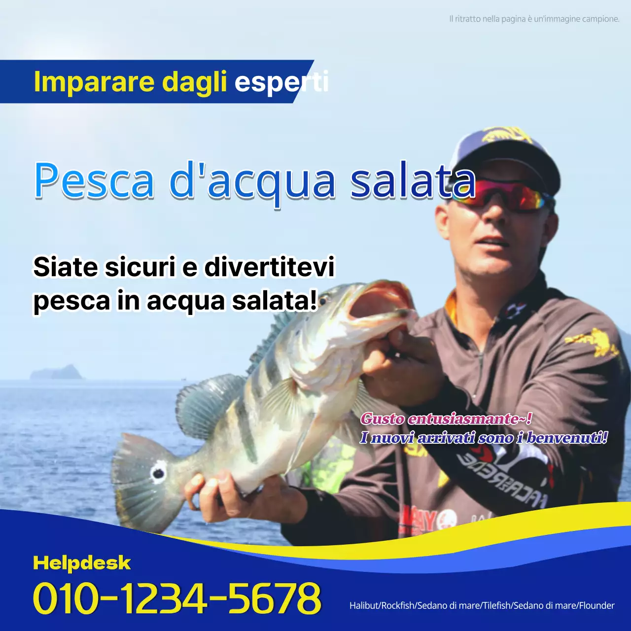 Pubblicità kitsch della pesca in mare in giallo e blu