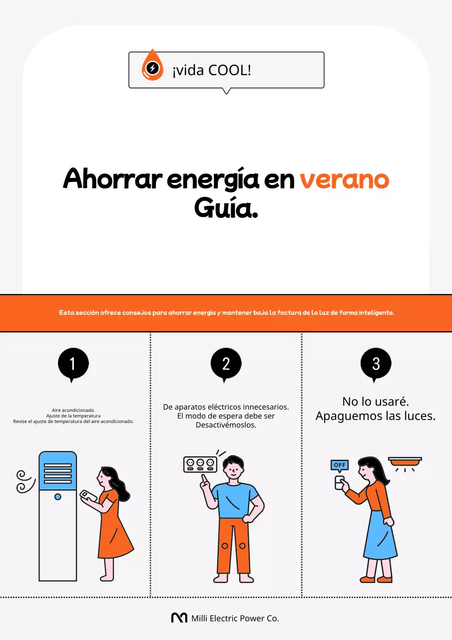Una sencilla campaña de cooperación para ahorrar energía en naranja y negro.