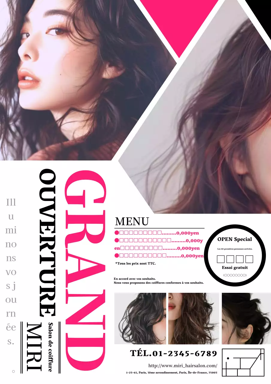 Une publicité moderne et élégante pour un salon de coiffure en rose vif et en noir et blanc !