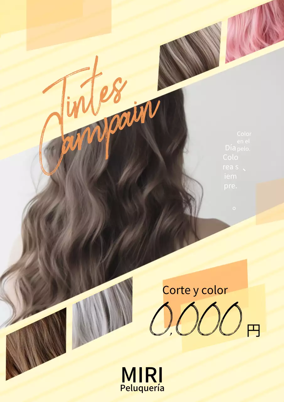 Un bonito y moderno anuncio de peluquería en amarillo y naranja.