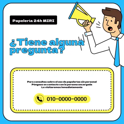 Una sencilla papelería en azul claro y amarillo, con un aviso de consulta