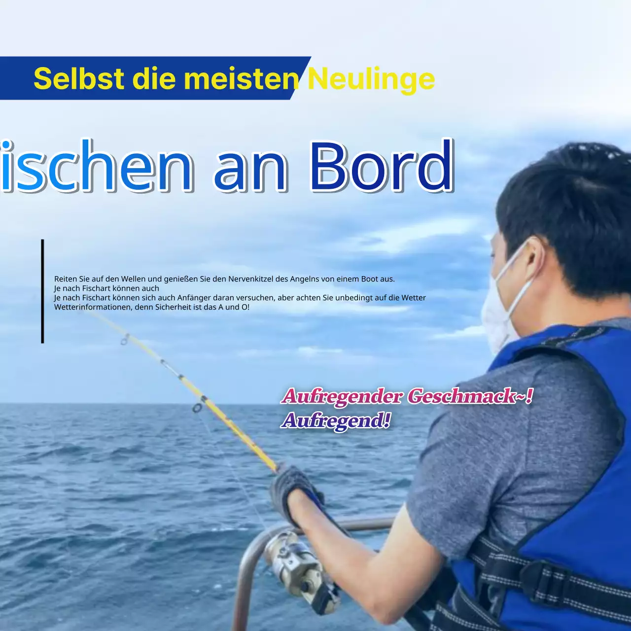 Kitschige gelbe und blaue Meeresfischerei-Werbung