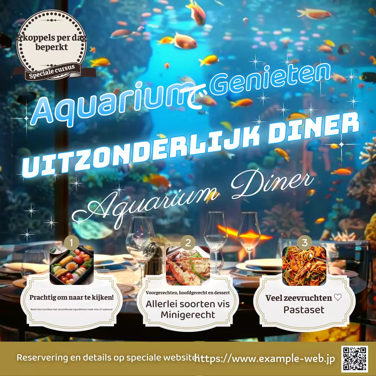Bericht om klanten te trekken voor een diner in een modieus aquarium in lichtblauw en goud.