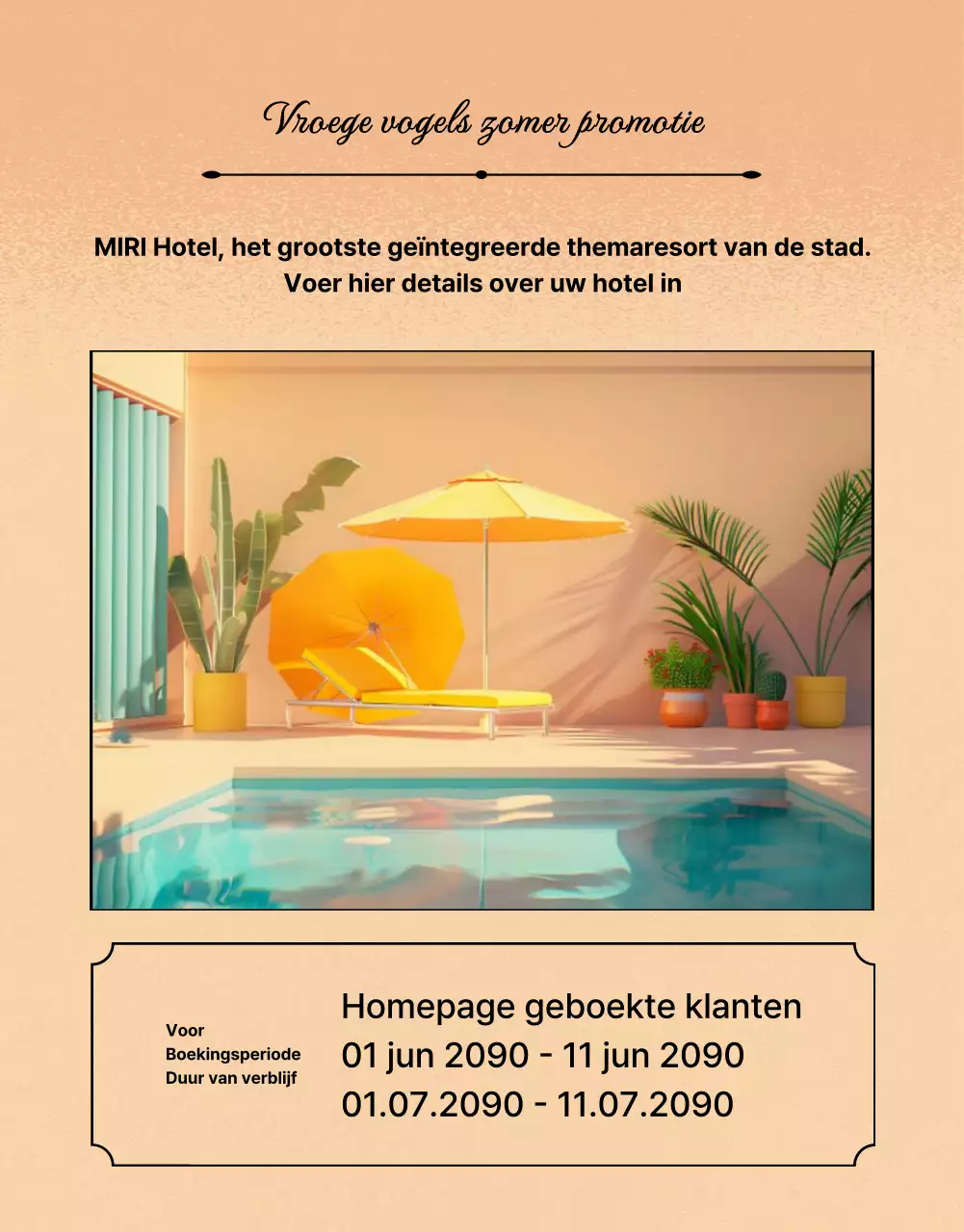 Kitscherige zomerse hoteldeal advertentie in oranje en blauw