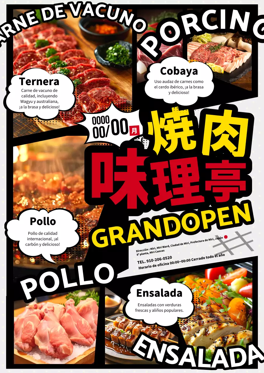 Anuncio abierto simple de bulgogi en estilo de dibujos animados negros