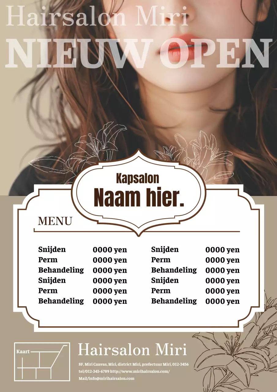 Een moderne en stijlvolle kapsalonreclame in bruine en ivoorkleurige tinten.