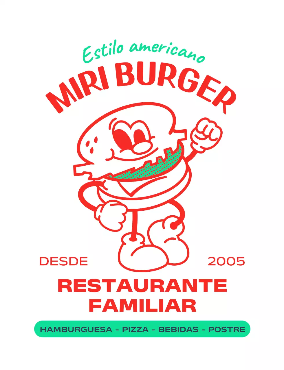 Logotipo con un personaje de hamburguesa al estilo americano