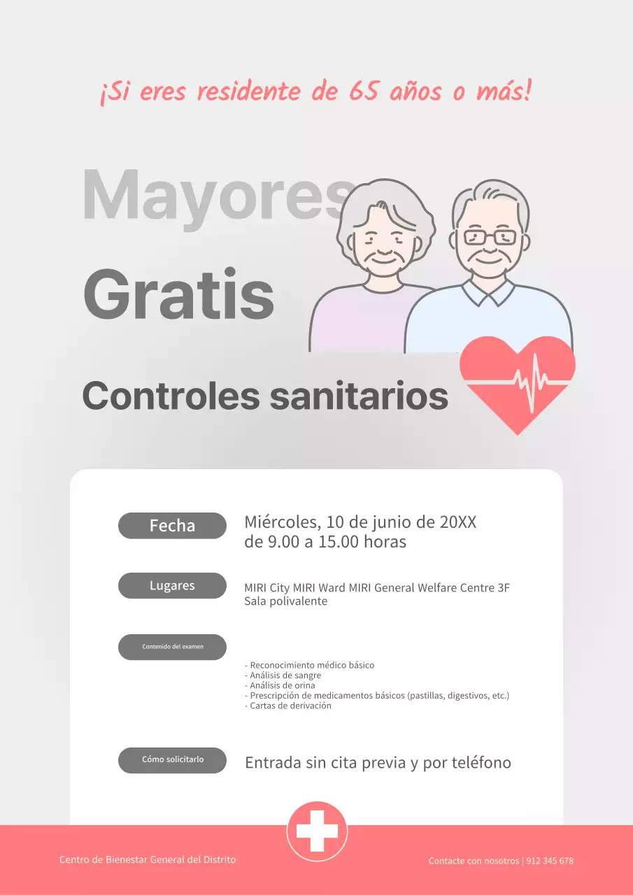 Un sencillo anuncio gris y rosa de revisiones médicas gratuitas para las personas mayores