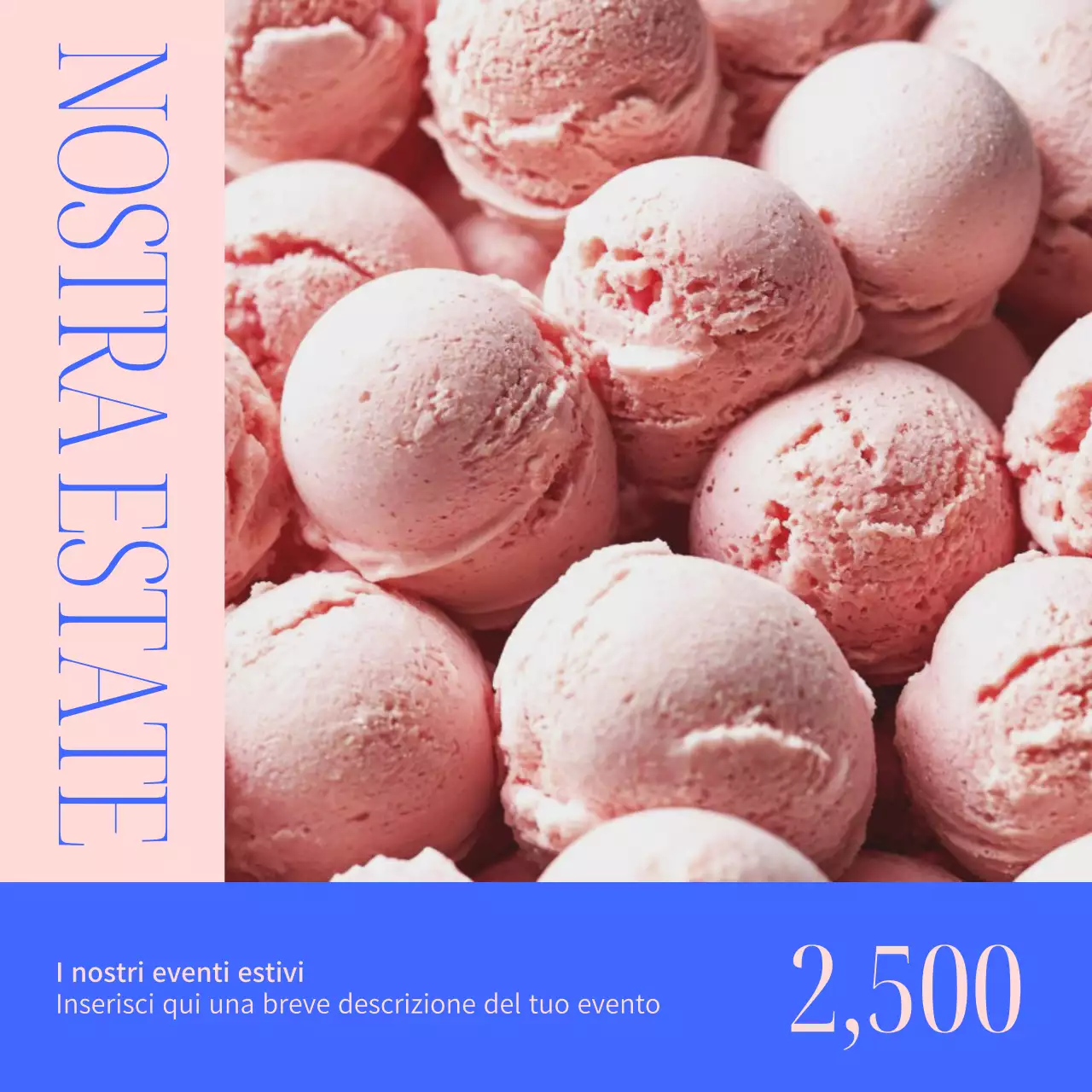 Una semplice pubblicità di lancio di un menu estivo di dessert in blu e rosa