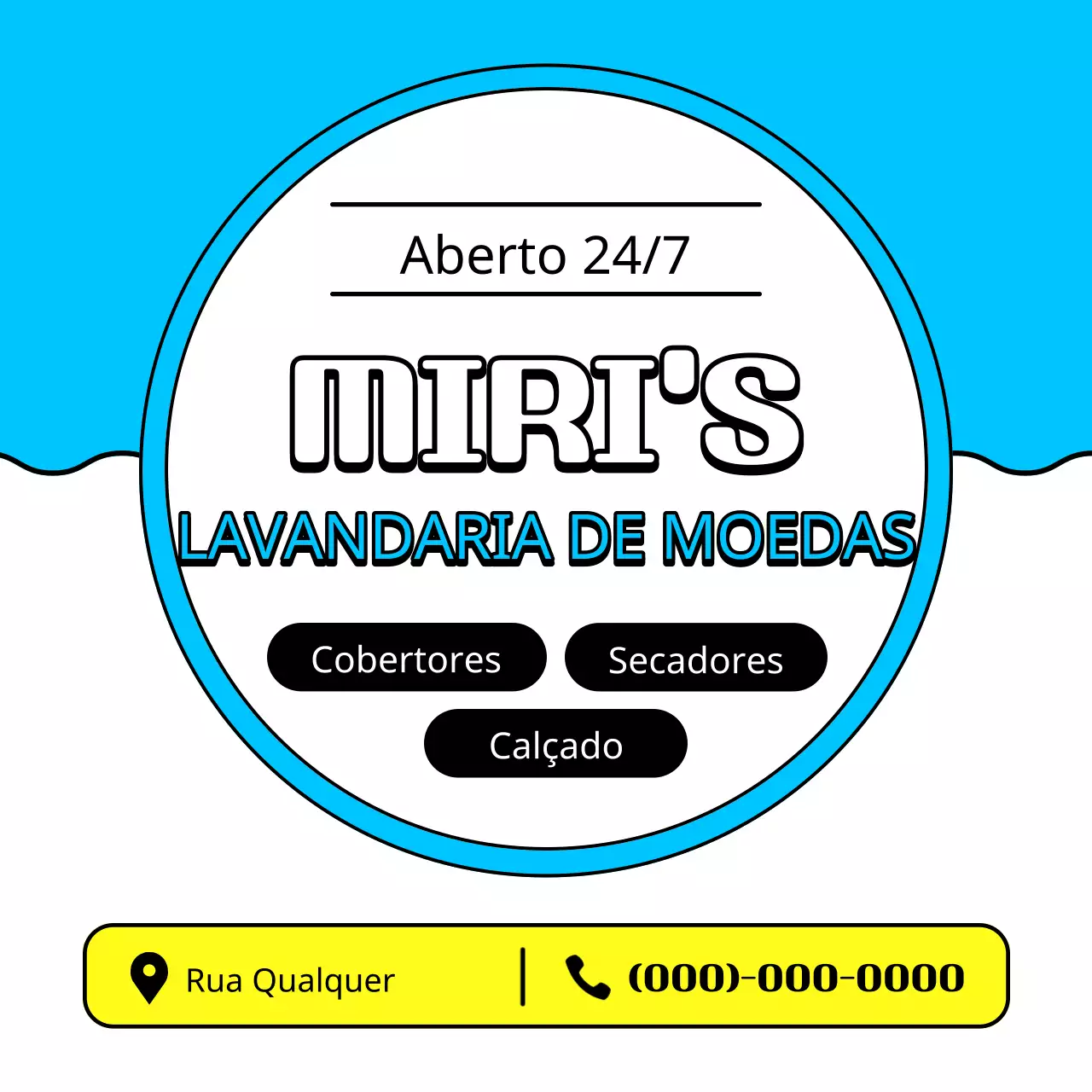 Um anúncio simples de lavandaria de moedas em azul claro e amarelo