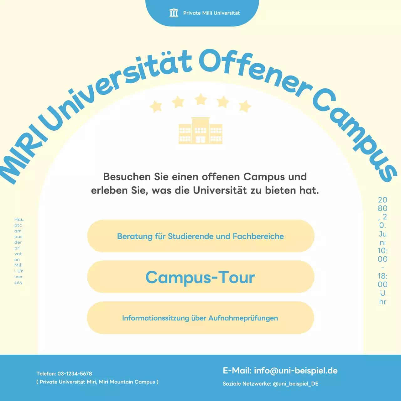 Bewerben Sie den offenen Campus Ihrer Universität mit einem einfachen gelb-blauen Farbschema