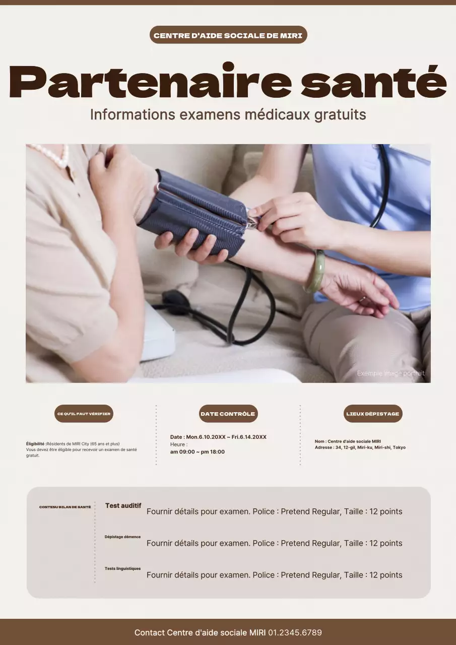 Un guide moderne, en brun et blanc, des contrôles de santé gratuits pour les personnes âgées