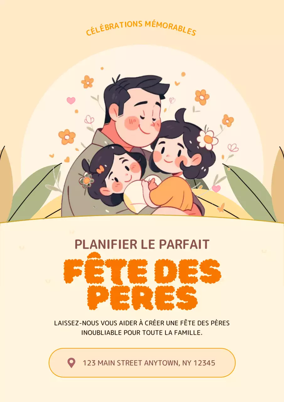 Publicité pour une agence d'événements familiaux jaune et orange