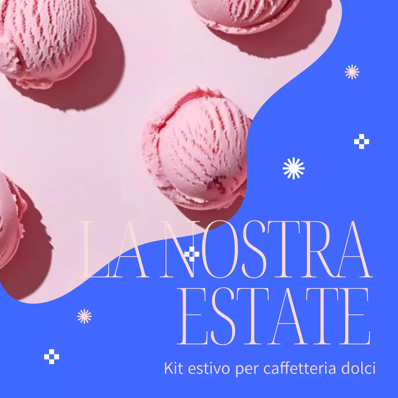 Una semplice pubblicità di lancio di un menu estivo di dessert in blu e rosa