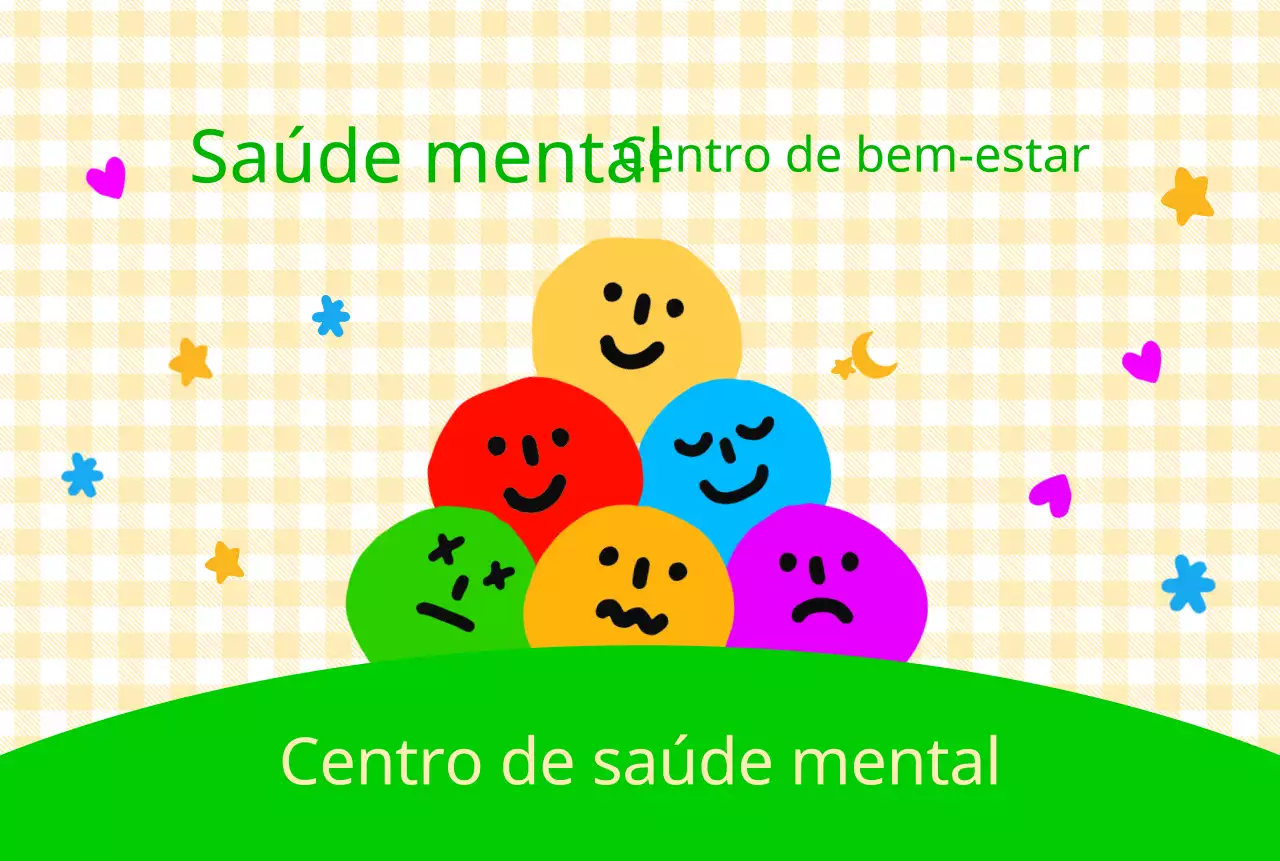 Um centro de saúde mental e de bem-estar fofo e engraçado com expressões faciais coloridas
